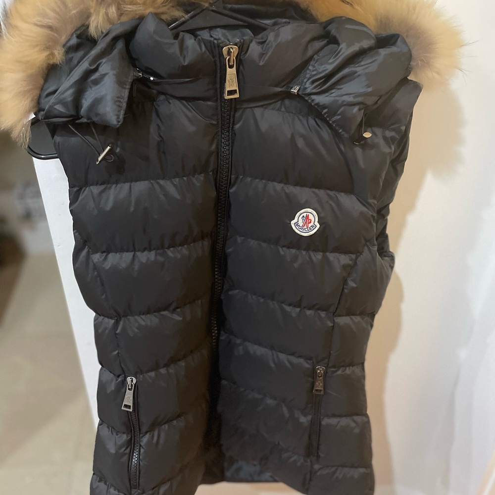 Moncler Black Puffer Vest with Fur Trim